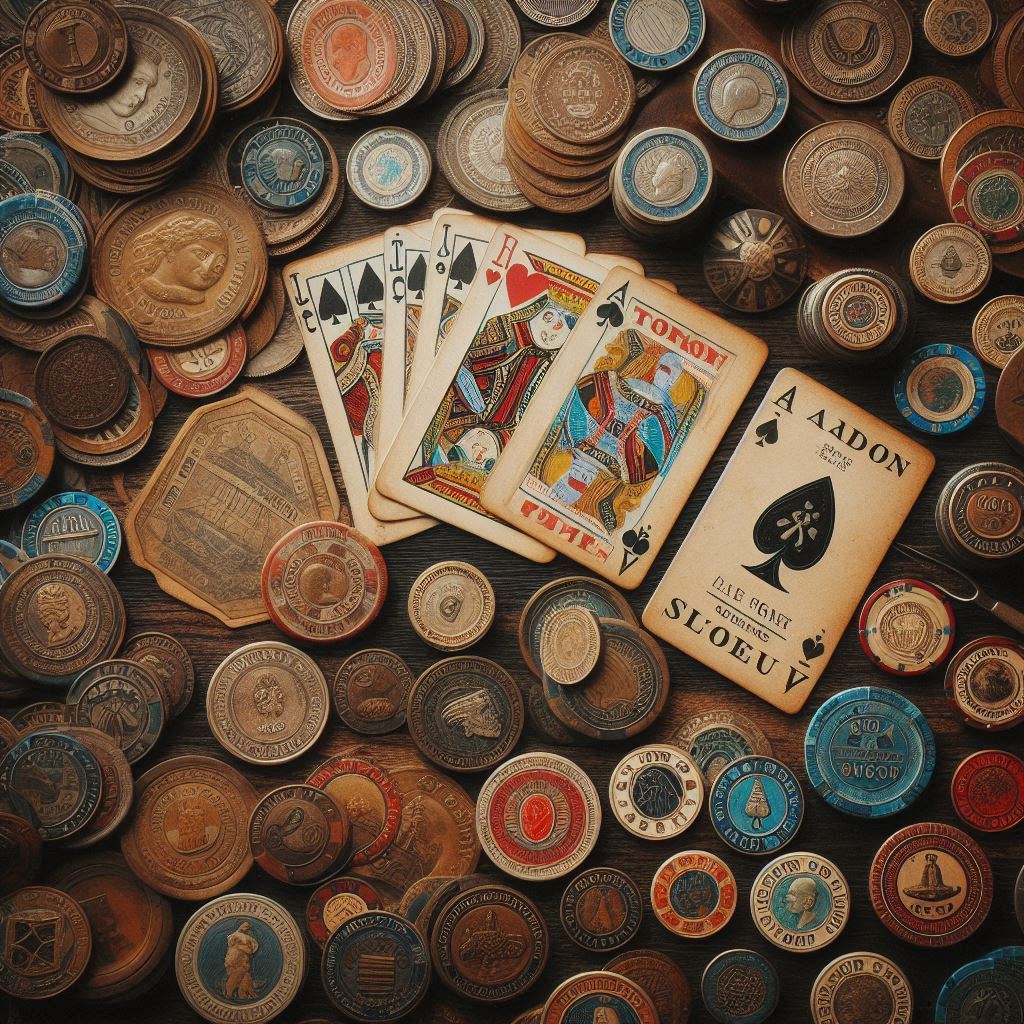 稀有的芯片、代幣和老式撲克牌