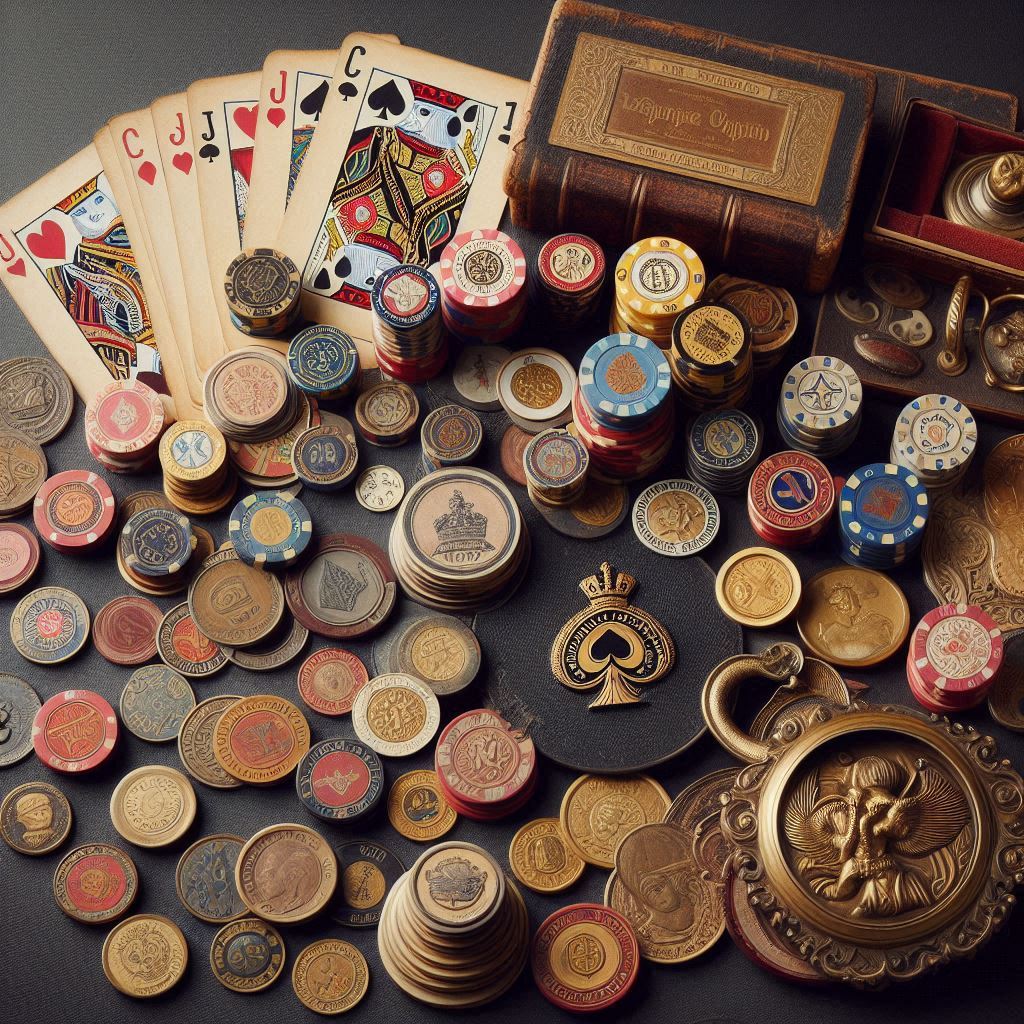 稀有的芯片、代幣和老式撲克牌